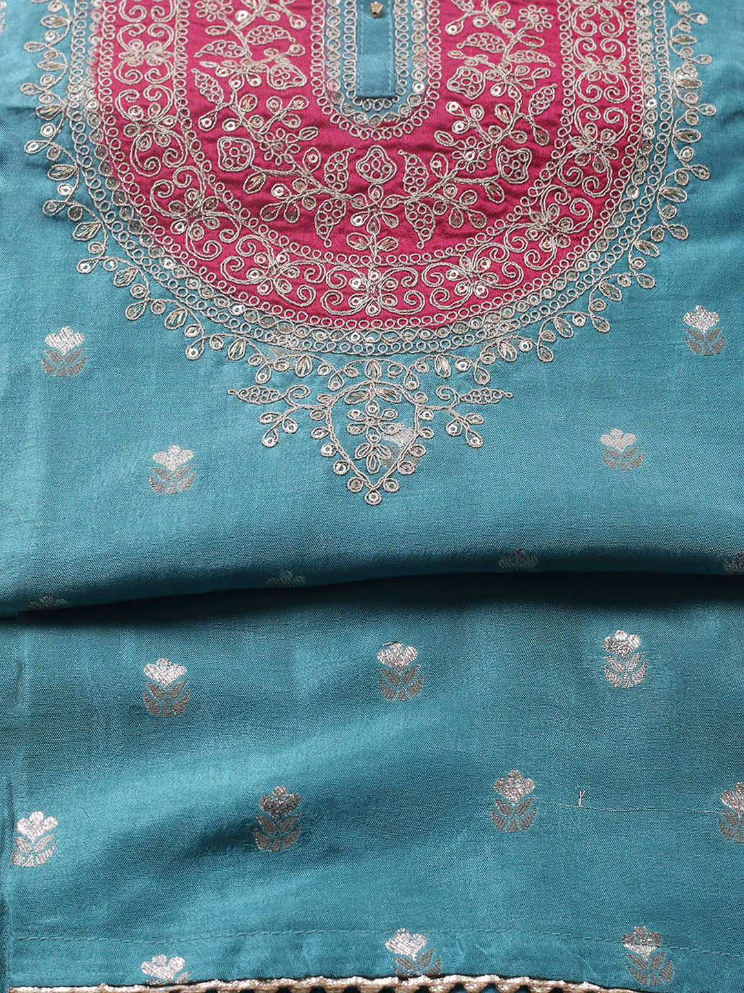 Embroidered Chanderi Unstitched Suit With Pant &amp; Dupatta