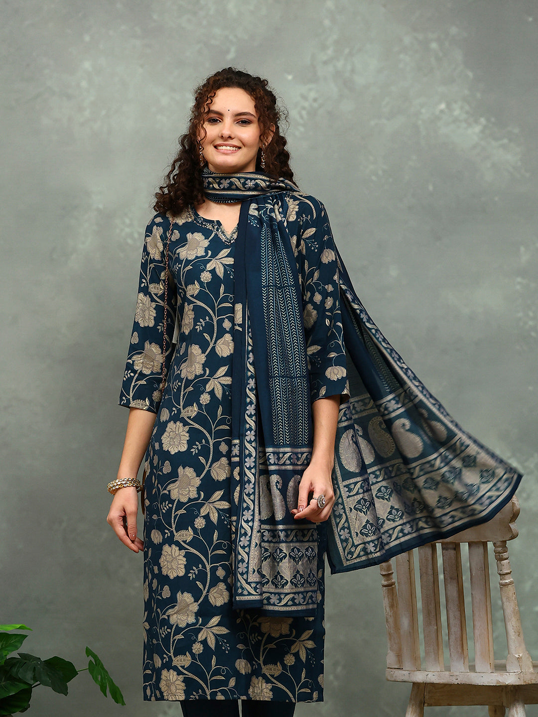 Printed Cotton Blend Kurta With Pants &amp; Dupatta