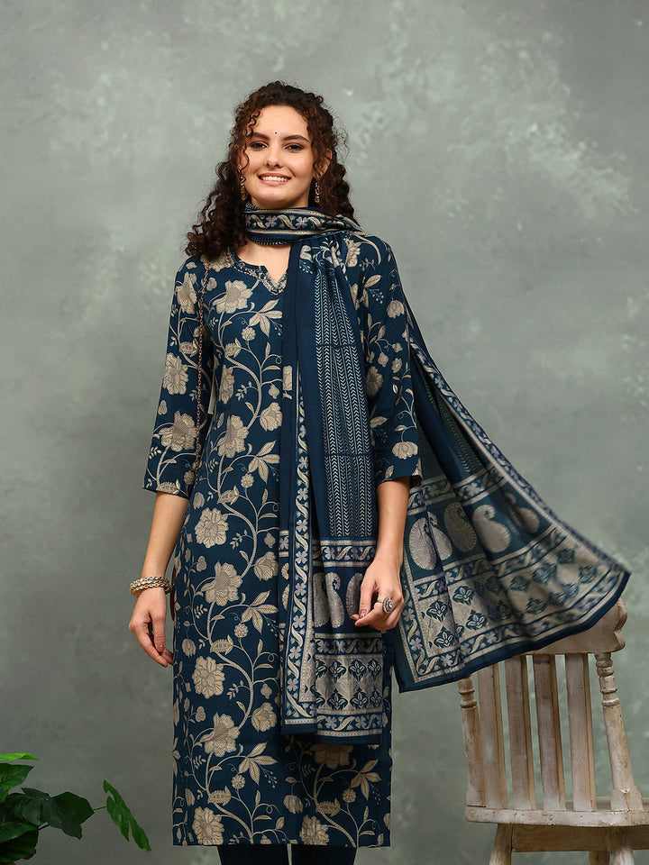 Printed Cotton Blend Kurta With Pants &amp; Dupatta