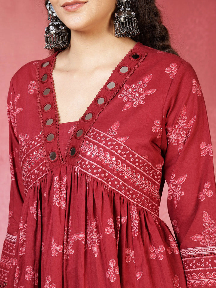 Maroon Printed Cotton Blend Anarkali Suit Set With Dupatta