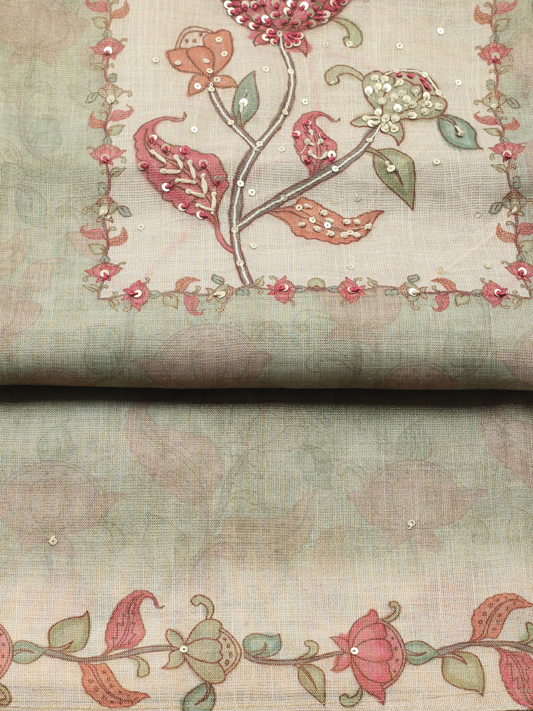 Printed Linen Blend Unstitched Suit With Pant &amp; Dupatta