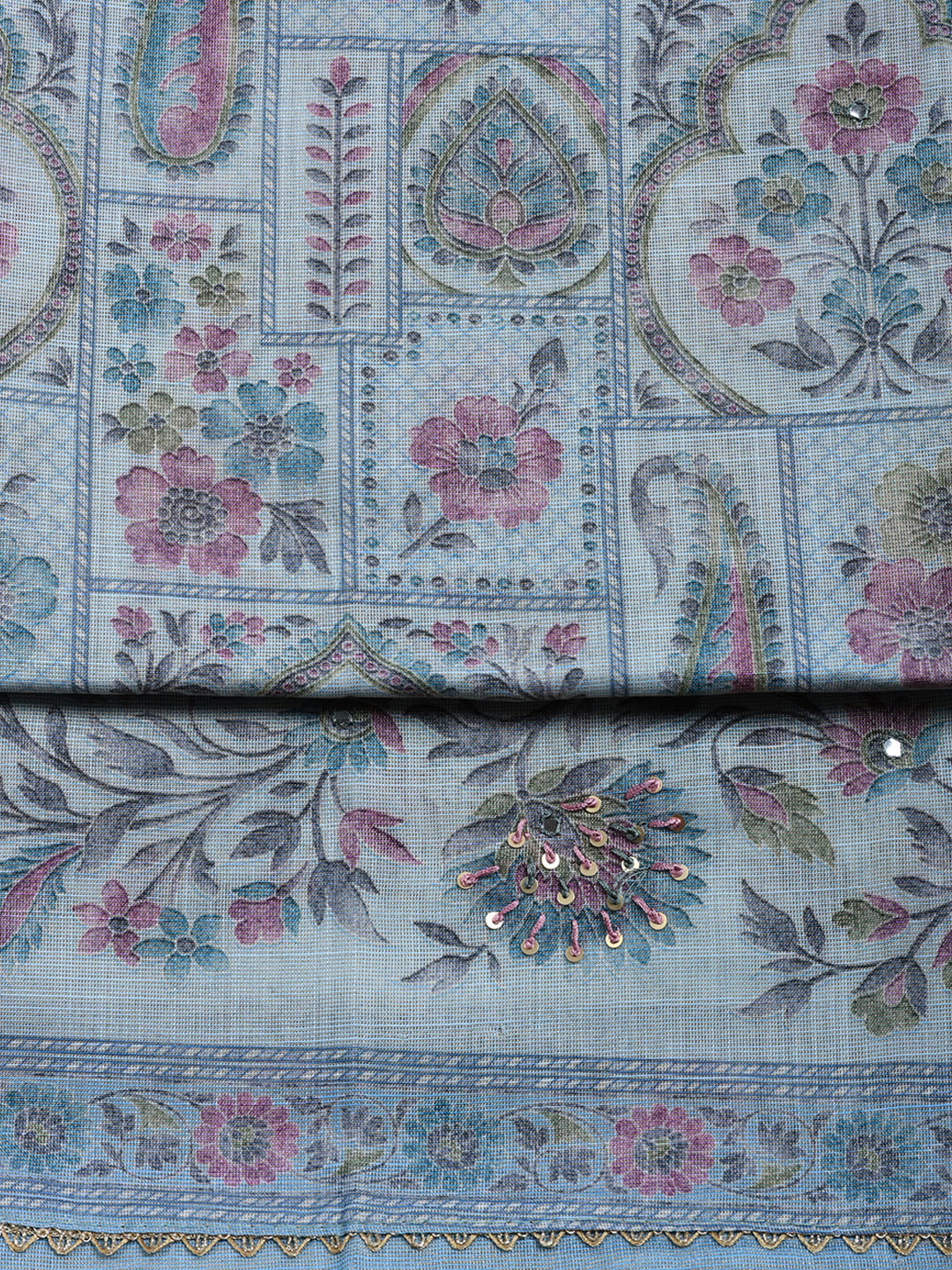Printed Linen Blend Unstitched Suit With Pant &amp; Dupatta