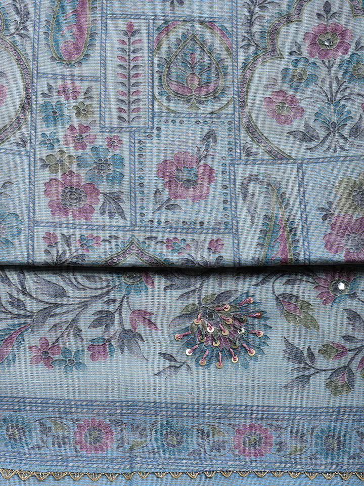 Printed Linen Blend Unstitched Suit With Pant &amp; Dupatta