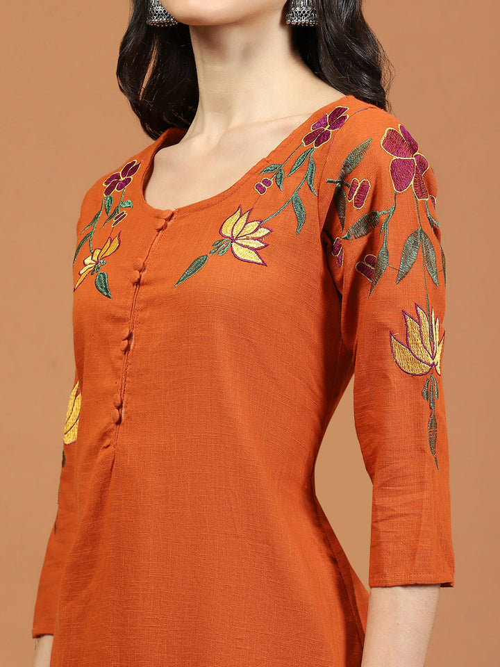 Embroidered Cotton Blend Kurta With Pants &amp; Dupatta