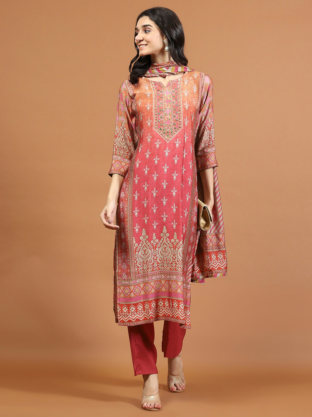 Neck Embroidered Muslin Kurta With Pants &amp; Dupatta