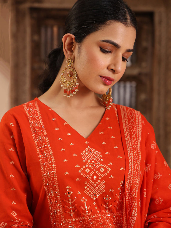 Red Cotton Blend Printed Straight Suit Set