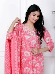 Printed Cotton Blend Kurta With Pants & Dupatta