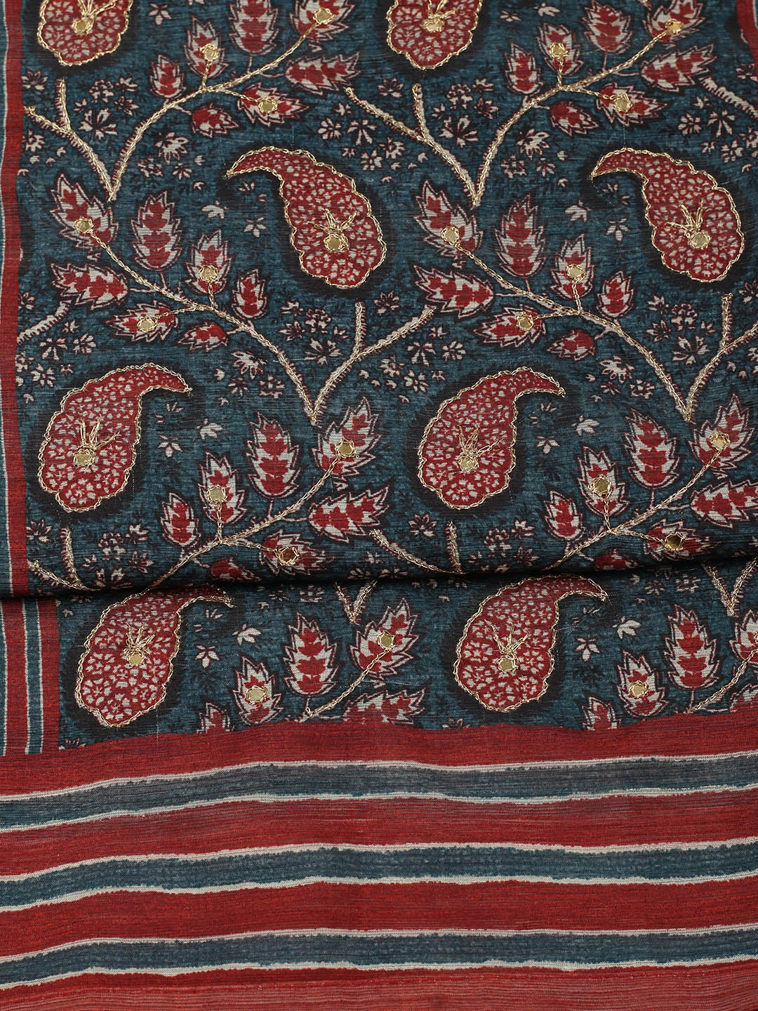 Printed Chanderi Unstitched Suit With Pant &amp; Dupatta