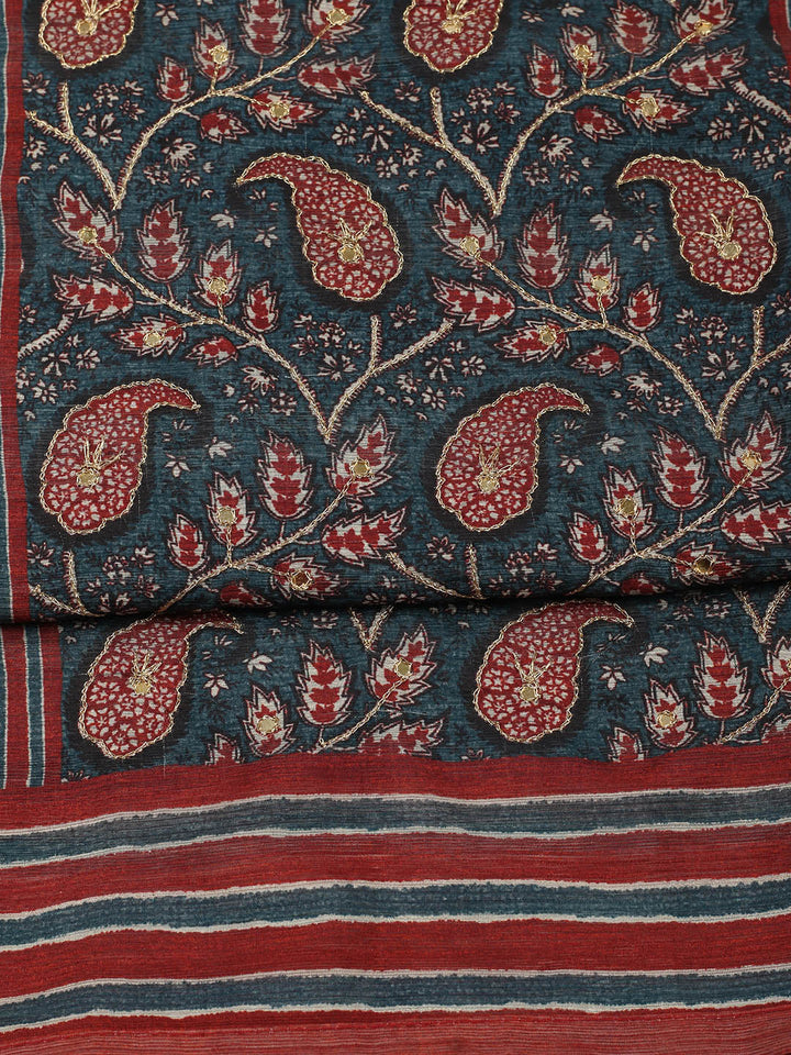 Printed Chanderi Unstitched Suit With Pant &amp; Dupatta