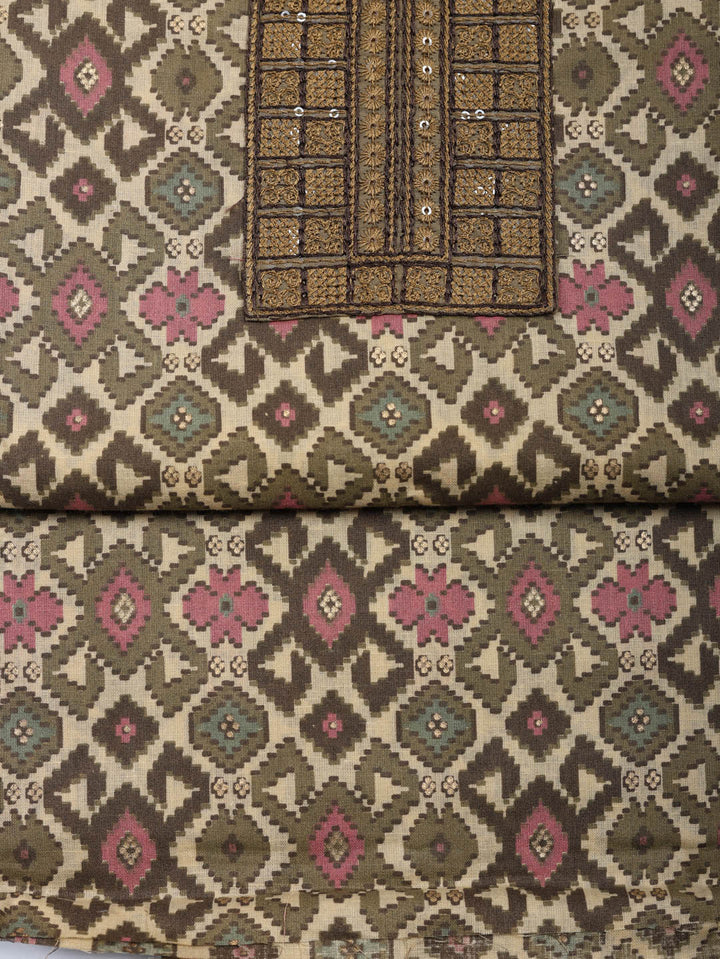 Printed Cotton Blend Unstitched Suit With Pant &amp; Dupatta