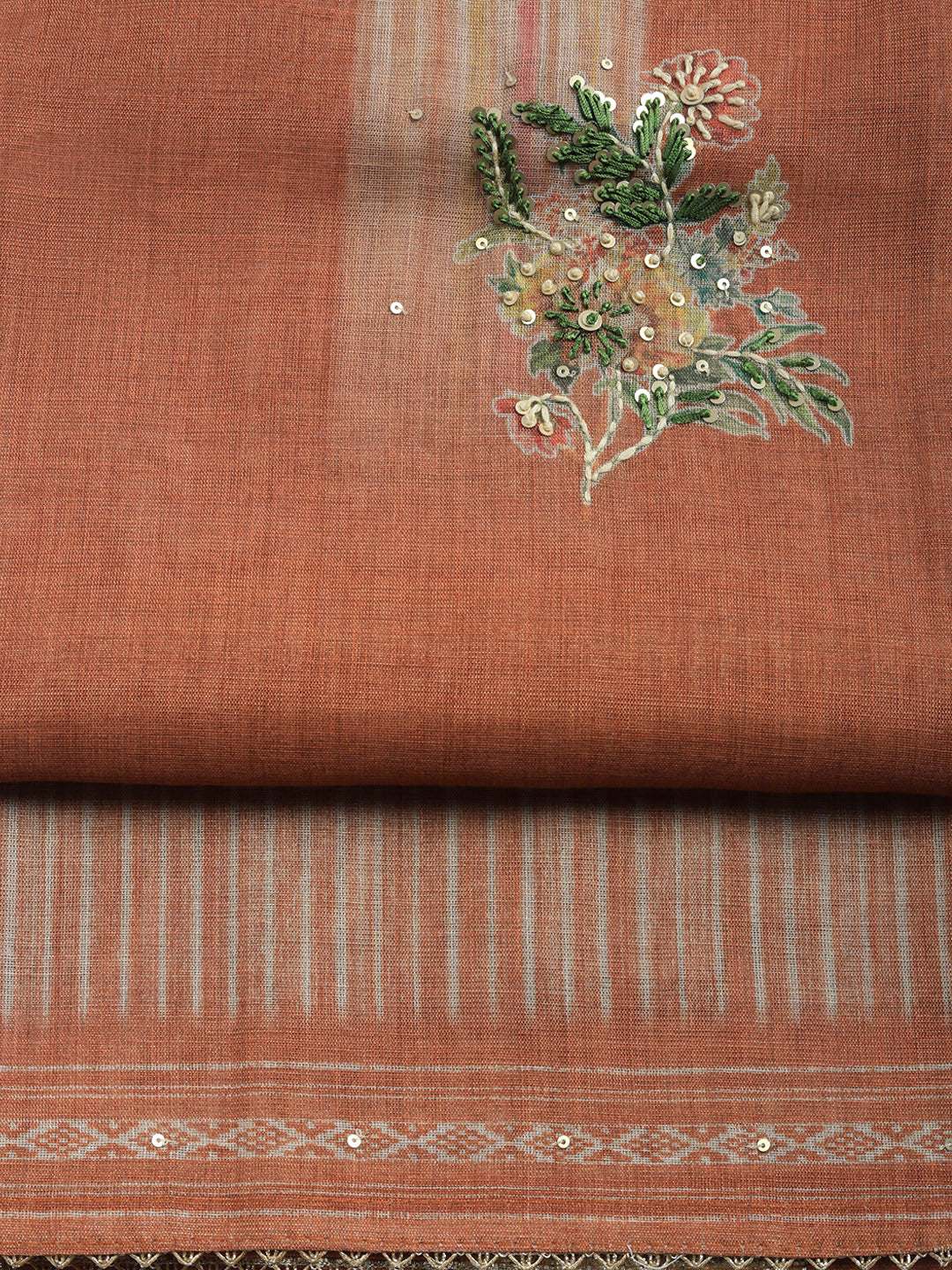 Printed Linen Blend Unstitched Suit With Pant &amp; Dupatta