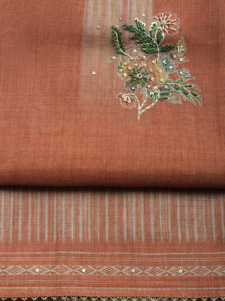 Printed Linen Blend Unstitched Suit With Pant &amp; Dupatta