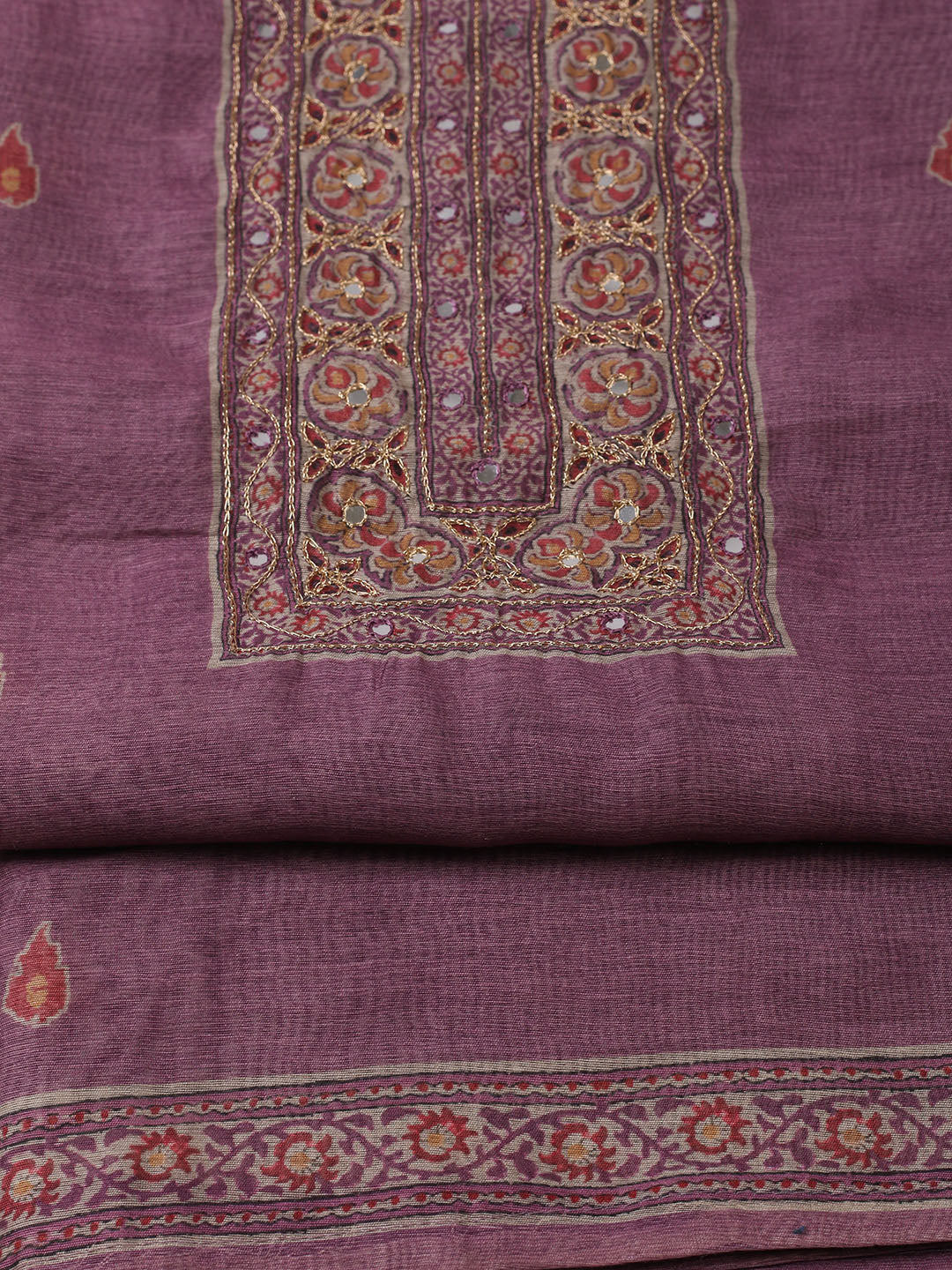 Printed Chanderi Unstitched Suit With Pant &amp; Dupatta
