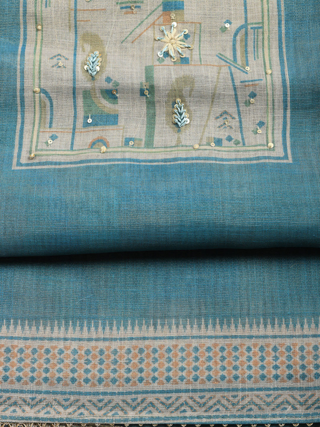 Printed Linen Blend Unstitched Suit With Pant &amp; Dupatta