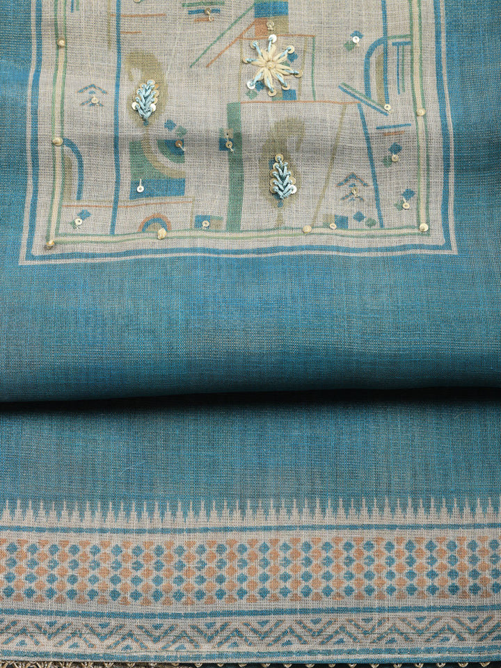 Printed Linen Blend Unstitched Suit With Pant &amp; Dupatta