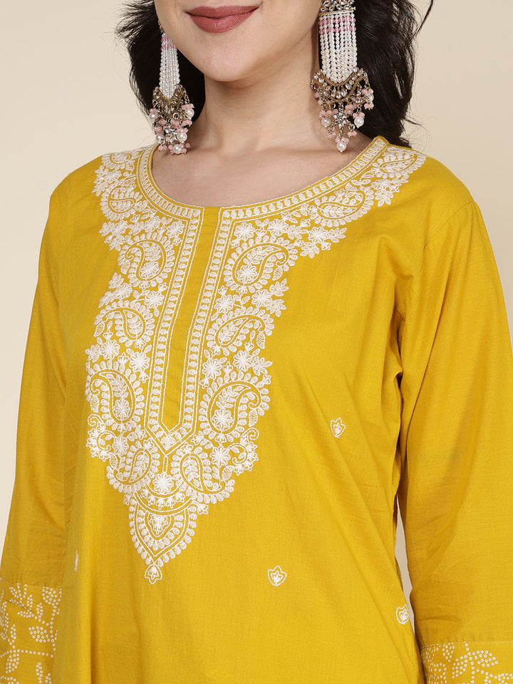 Embroidered Cotton Blend Kurta With Pants &amp; Dupatta