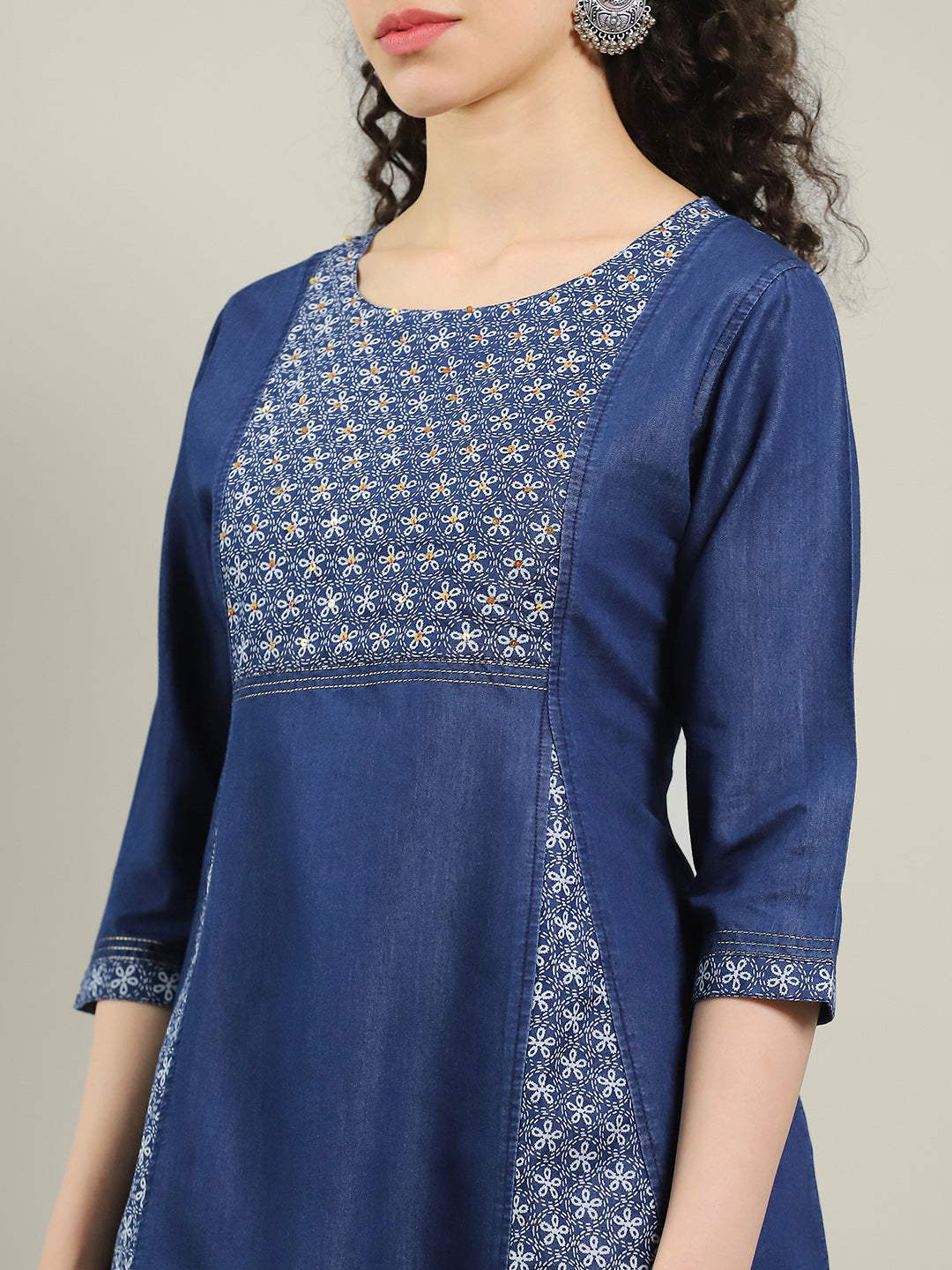 Neck Printed Denim Kurta