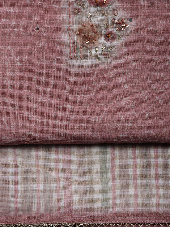 Printed Linen Blend Unstitched Suit With Pant &amp; Dupatta
