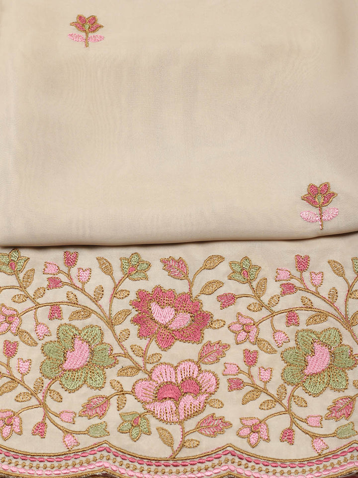 Embroidered Chanderi Unstitched Suit With Pant &amp; Dupatta