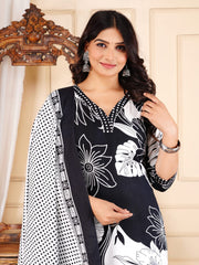 Floral Printed Cotton Blend Kurta With Pants & Dupatta