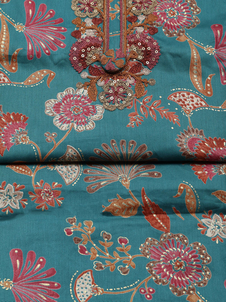 Embroidered Cotton Blend Unstitched Suit With Pant &amp; Dupatta