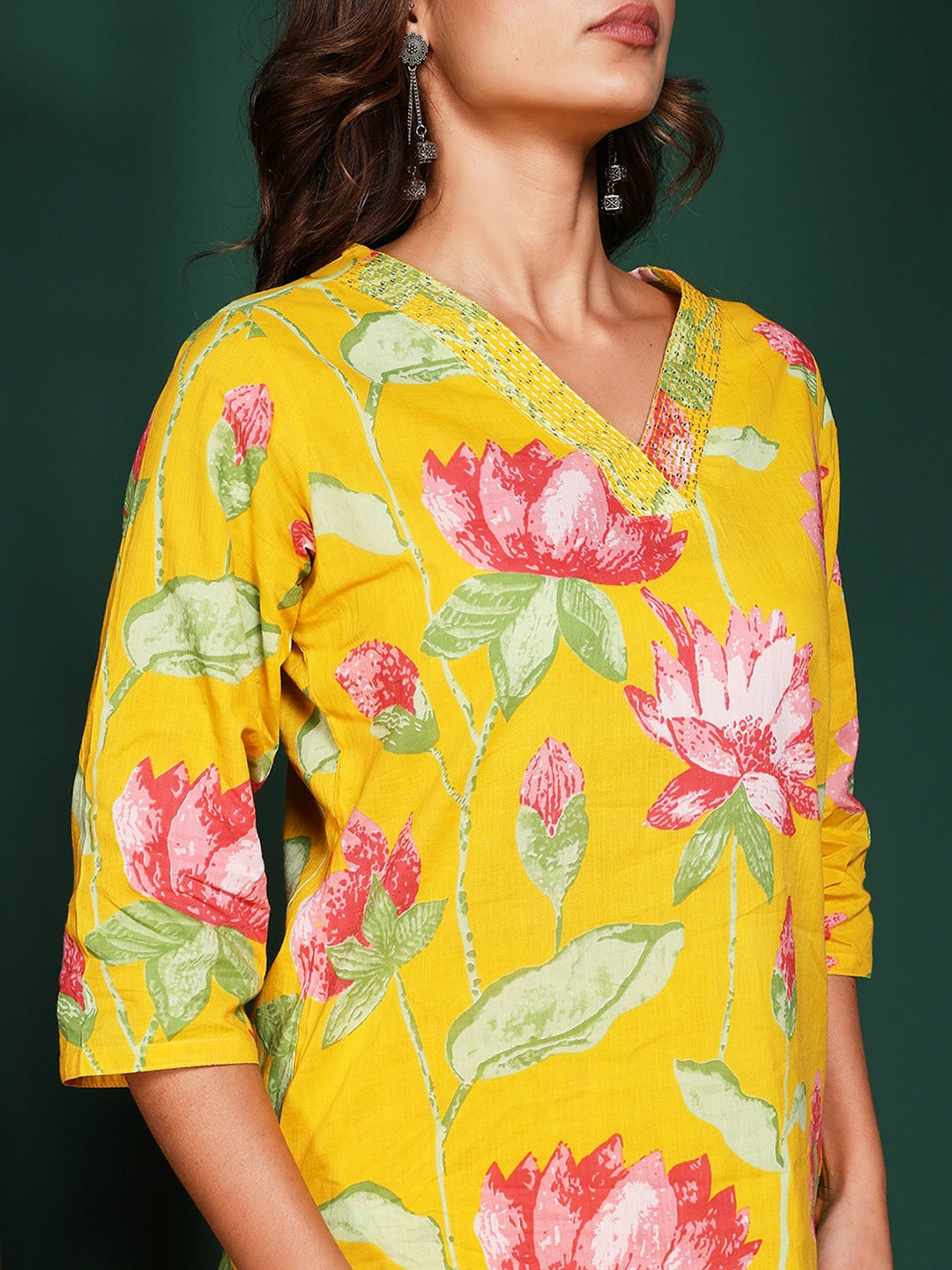 Floral Printed Cotton Blend Kurta With Pant &amp; Dupatta