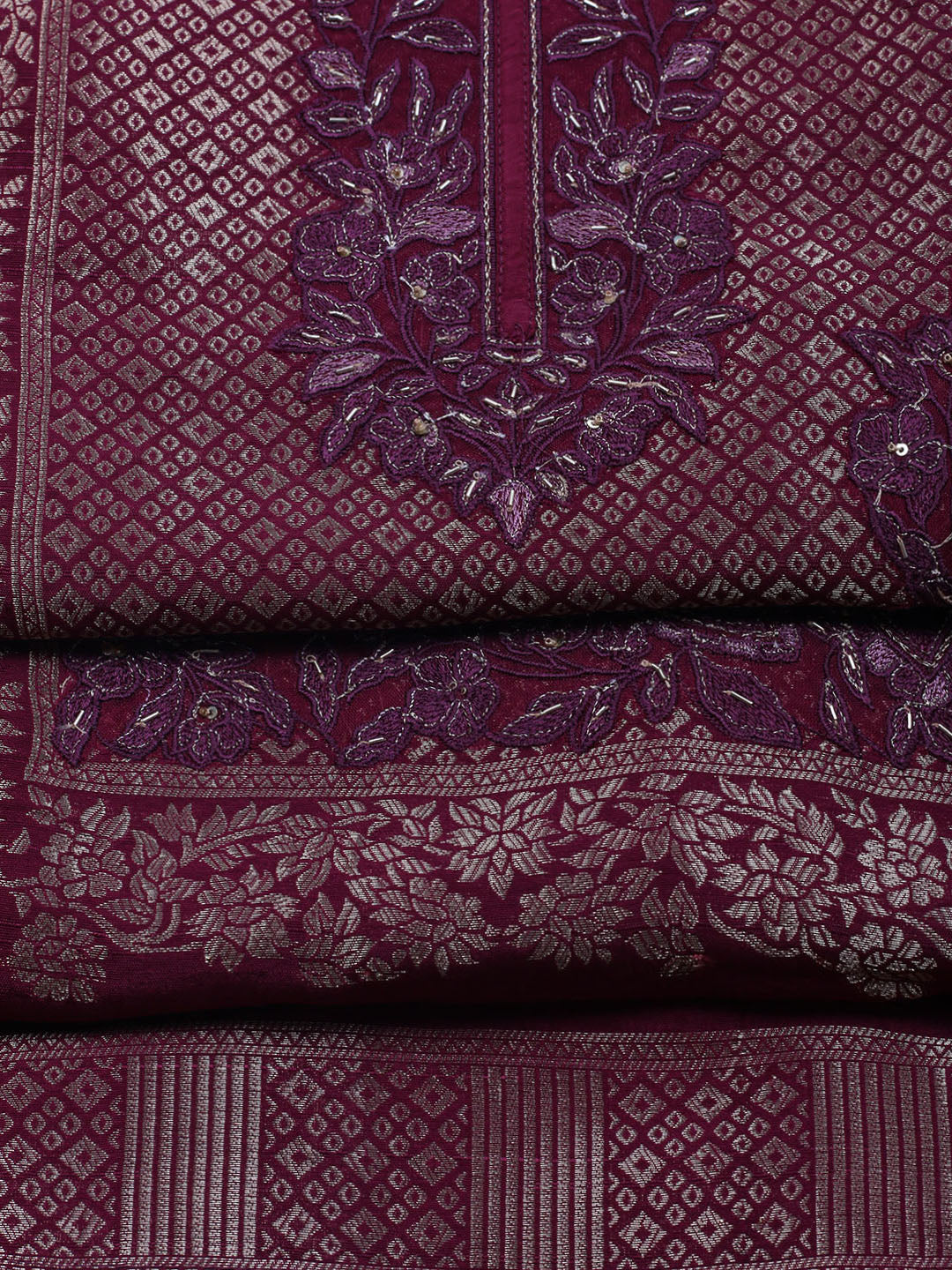 Embroidered Art Silk Unstitched Suit With Dupatta