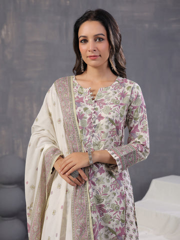 Floral Print Cotton Kurta With Pants & Dupatta