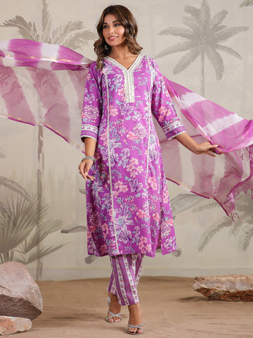 Floral Printed Cotton Blend Kurta With Pants & Dupatta