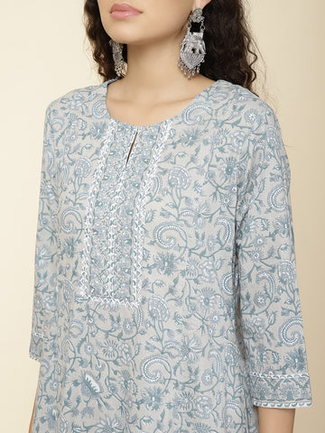 Floral Printed Cotton Kurta With Pants