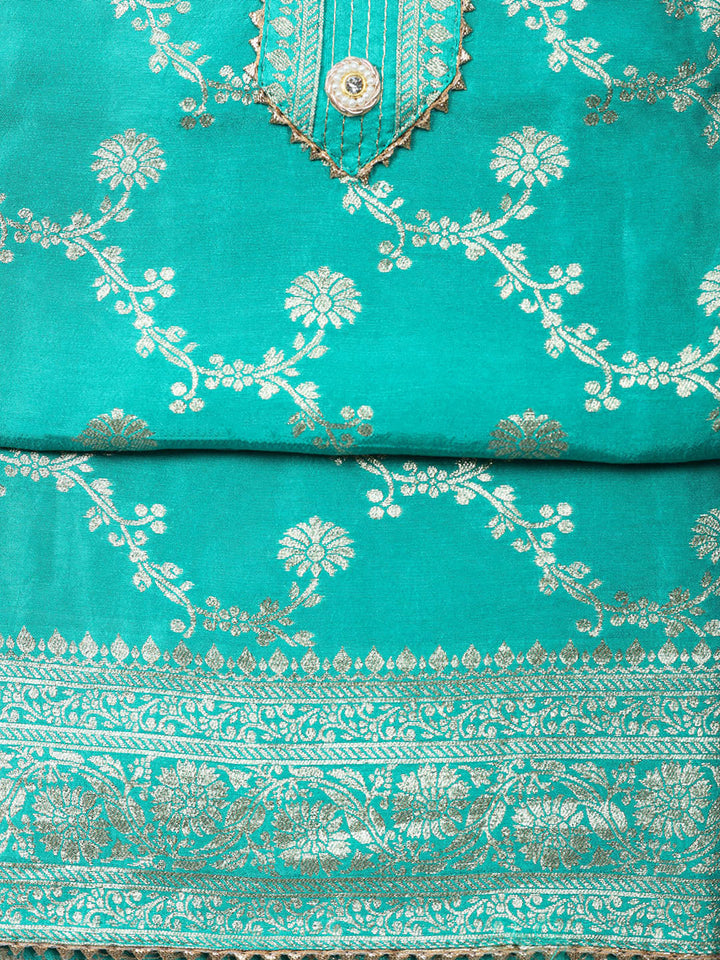 Embroidered Chanderi Unstitched Suit With Pant &amp; Dupatta