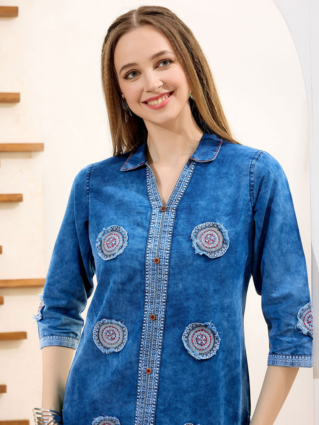 Neck Resham Embroidered Denim Kurta