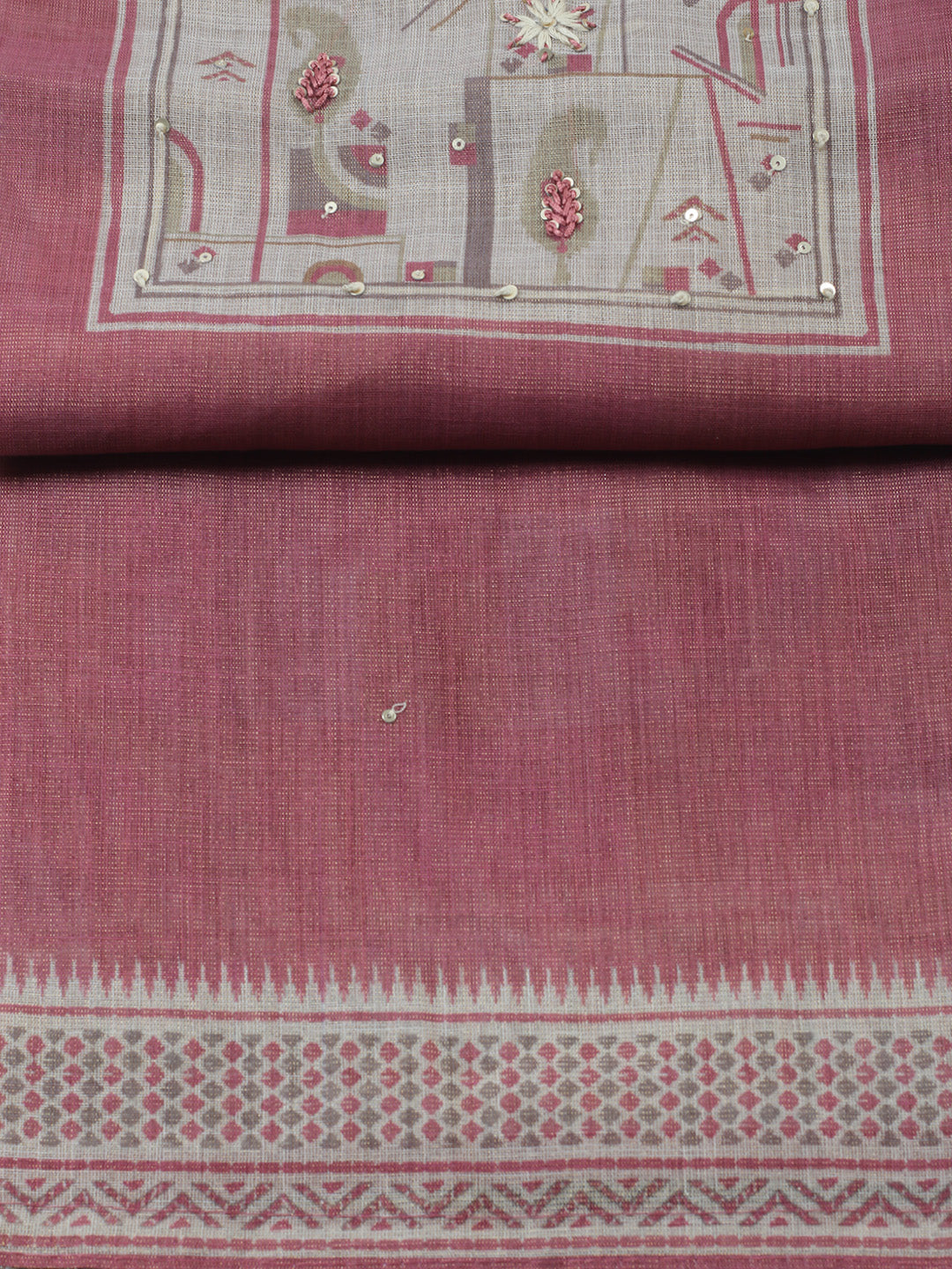 Printed Linen Blend Unstitched Suit With Pant &amp; Dupatta