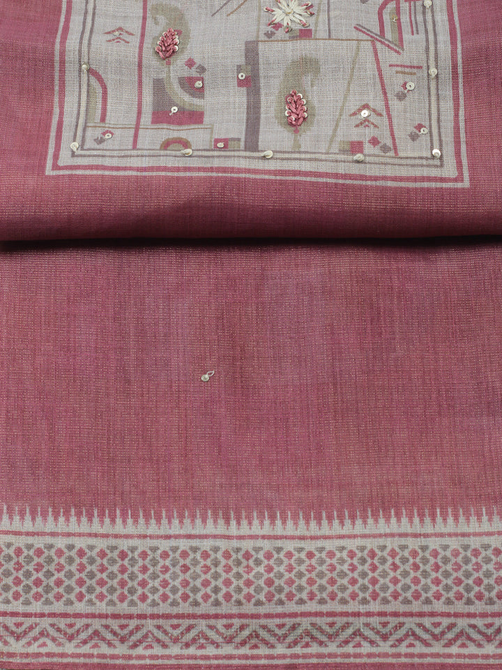 Printed Linen Blend Unstitched Suit With Pant &amp; Dupatta