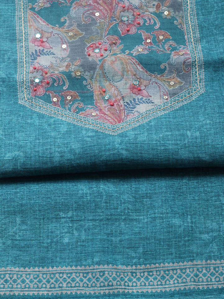 Embroidered Linen Blend Unstitched Suit With Pant &amp; Dupatta