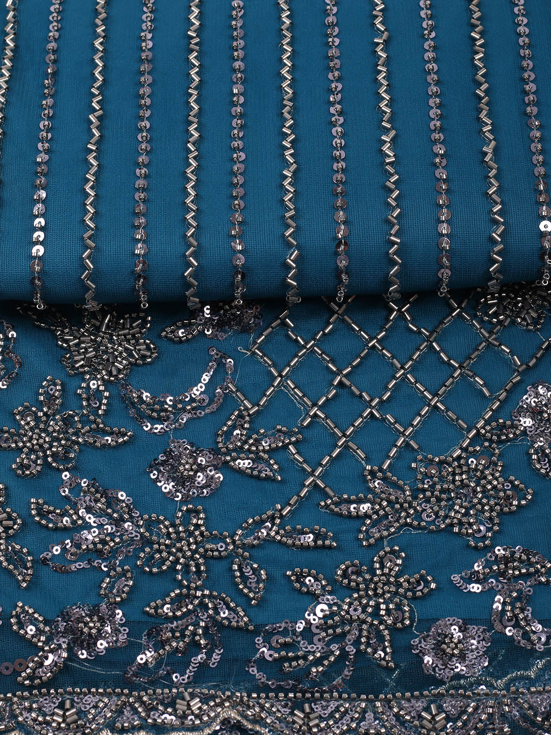 Embroidered Net Unstitched Suit With Pant &amp; Dupatta