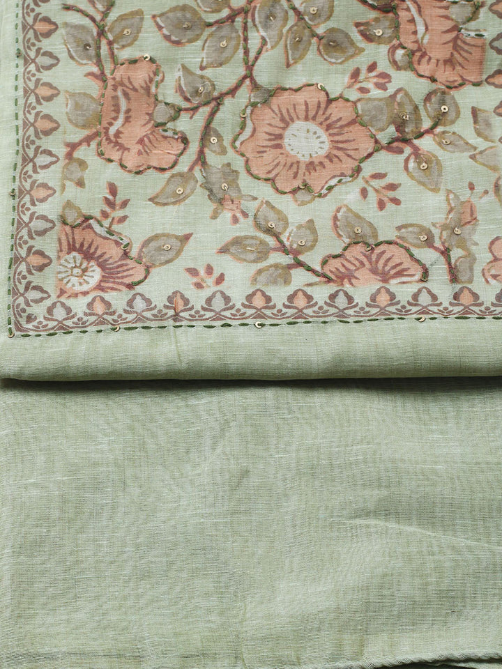 Embroidered Chanderi Unstitched Suit With Pant &amp; Dupatta