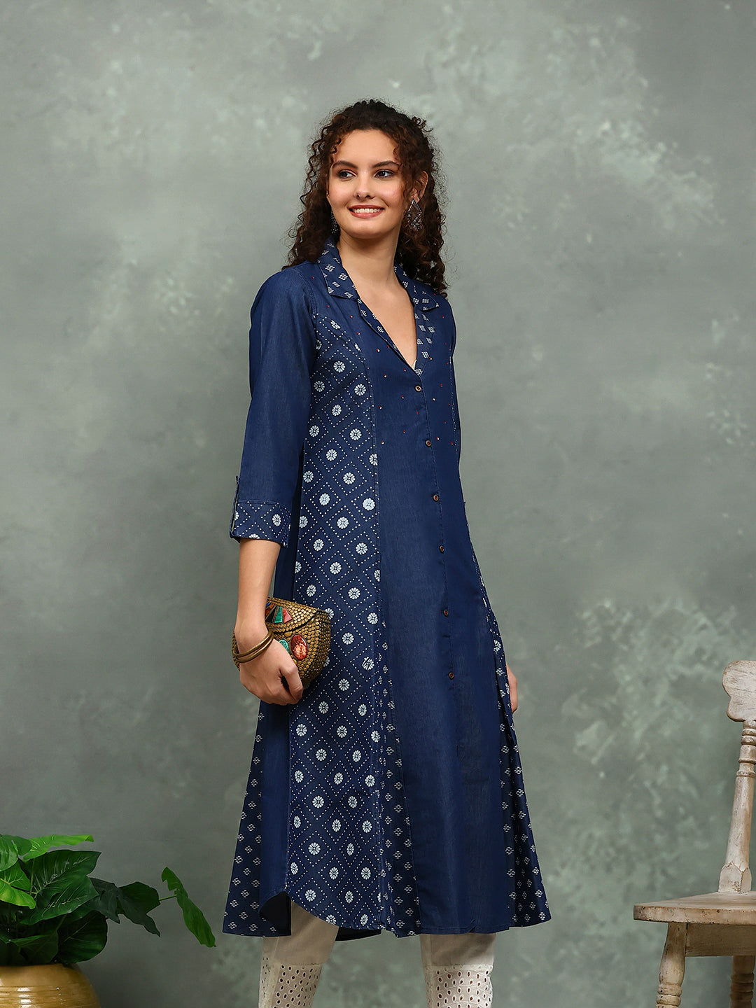 Printed Denim Kurta