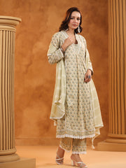 Printed Cotton Blend Kurta With Pants & Dupatta