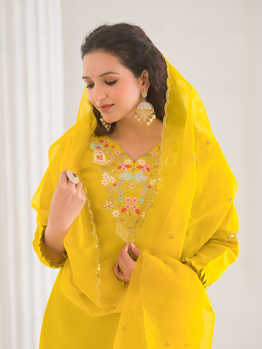 Neck Embroidery Cotton Blend Kurta With Pants &amp; Dupatta