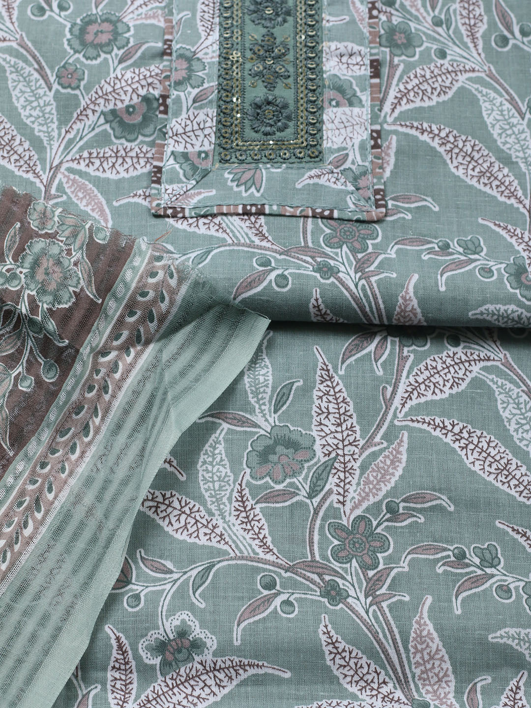 Printed Cotton Blend Unstitched Suit With Pant &amp; Dupatta