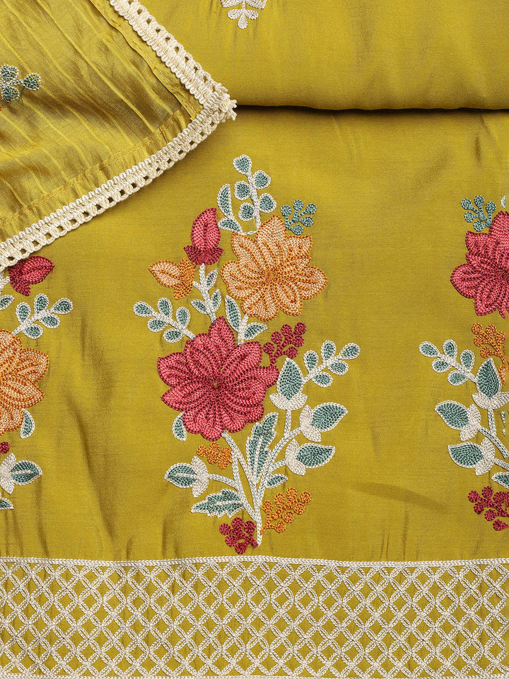Embroidered Chanderi Unstitched Suit With Dupatta