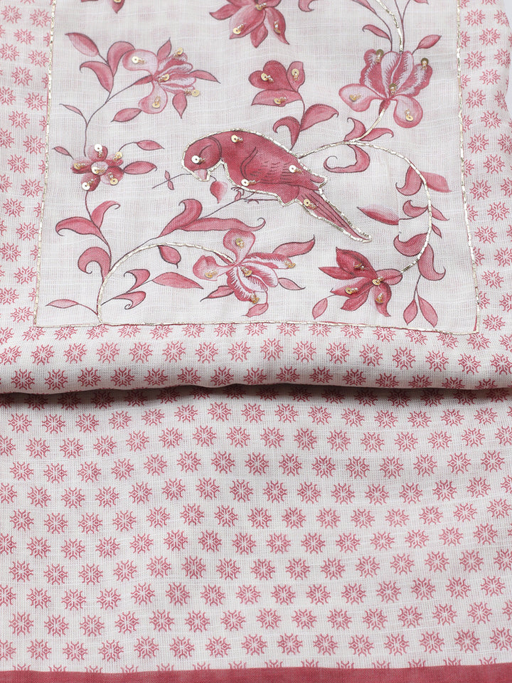 Printed Linen Blend Unstitched Suit With Pant &amp; Dupatta
