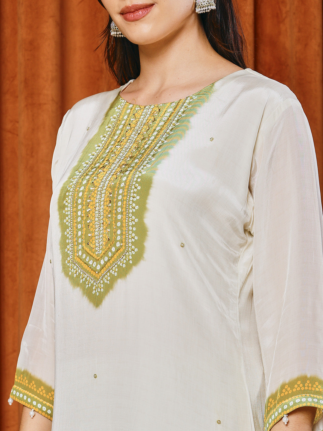 Bandhani Printed Crepe Kurta With Pants &amp; Dupatta