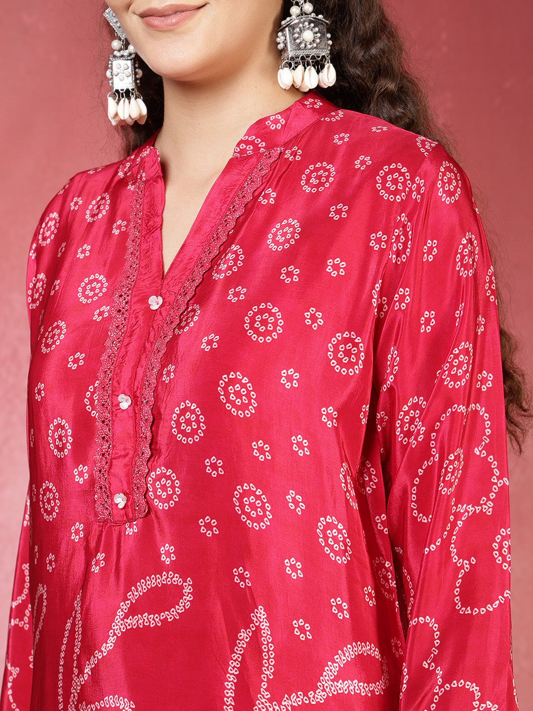 Hot Pink Crepe Printed A Line Kurta With Pant