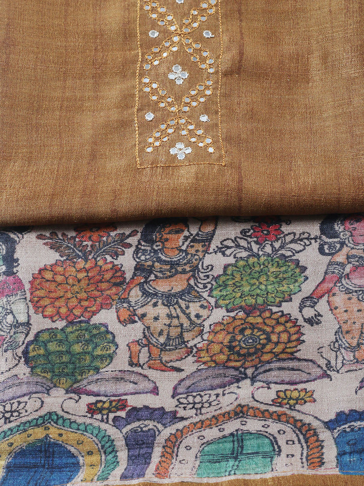 Embroidered Tussar Unstitched Suit With Pant &amp; Dupatta