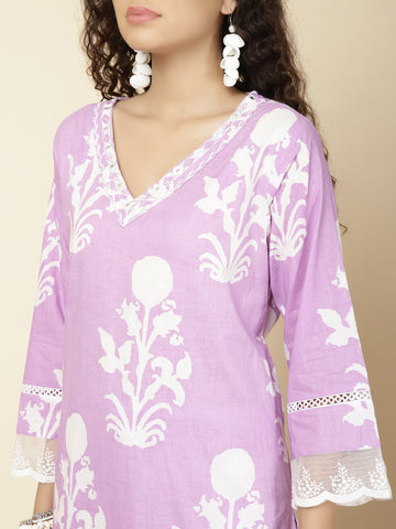 Floral Printed Cotton Kurta With Pants & Dupatta