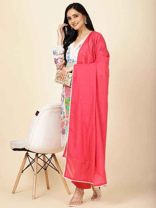 Digital Floral Printed Cotton Kurta With Pants & Dupatta