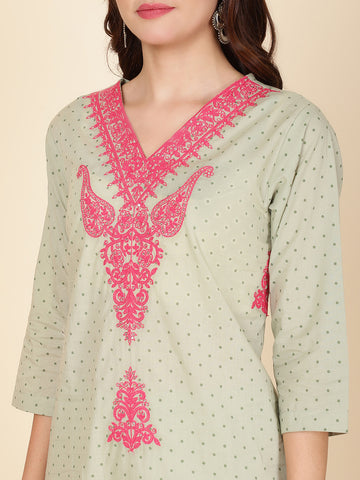 Printed & Neck Embroidered Cotton Kurta Set