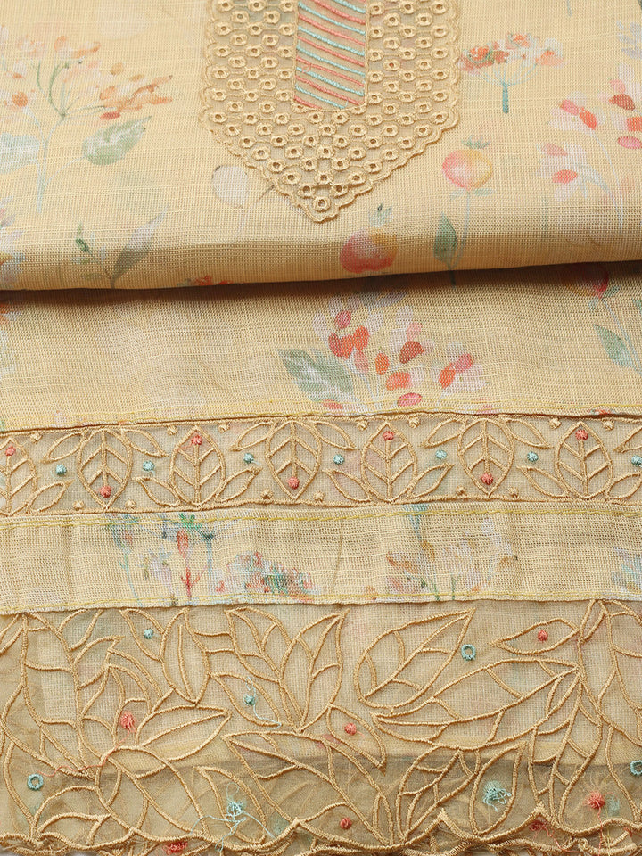 Printed Linen Blend Unstitched Suit With Pant &amp; Dupatta